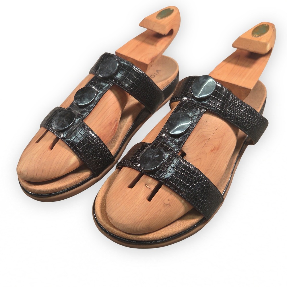 Vionic Serra Sandals Womens 12 Black Slip On Comfort Croc Embossed Cork